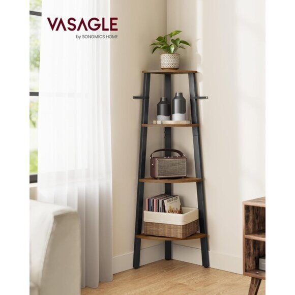 New 4-Tier Corner Shelf Stand, Industrial Ladder Bookshelf & Plant Stand - Brown - Picture 2 of 6